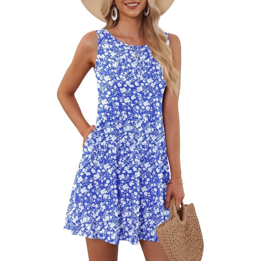 Women's Blue White Sleeveless Crew Neck Summer Boho Beach Dress with Pocket